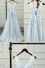 Sliver-Grey Tulle Long Lace V-neckline Party Dress, Floor Length Prom Dress