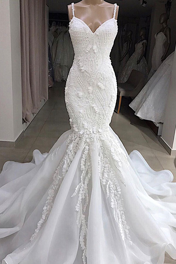 Spaghetti Strap Real Model White Mermaid Wedding Dresses with AmazingLace Appliques