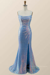 Spaghetti Straps Blue Sequin Mermaid Draped Dress