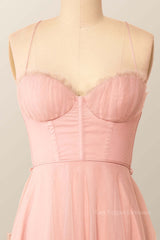Spaghetti Straps Blush Pink Tulle A-line Midi Dress