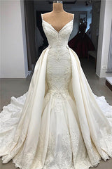 Spaghetti Straps Lace Fit and Flare Wedding Dresses Overskirt Appliques Detachable Satin Backless Bridal Gowns