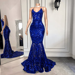 Spaghetti-Straps Royal Blue Long Mermaid Prom Dress With Sequins