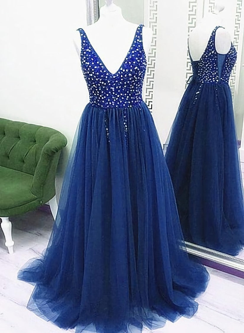 Sparkle Beaded Tulle V-neckline Floor Length Party Dress, Blue Junior Prom Dresses Formal Dresses