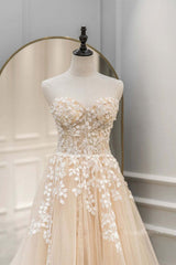 Strapless Champagne Lace Tulle Long Prom Dress, Champagne Lace Formal Evening Dress