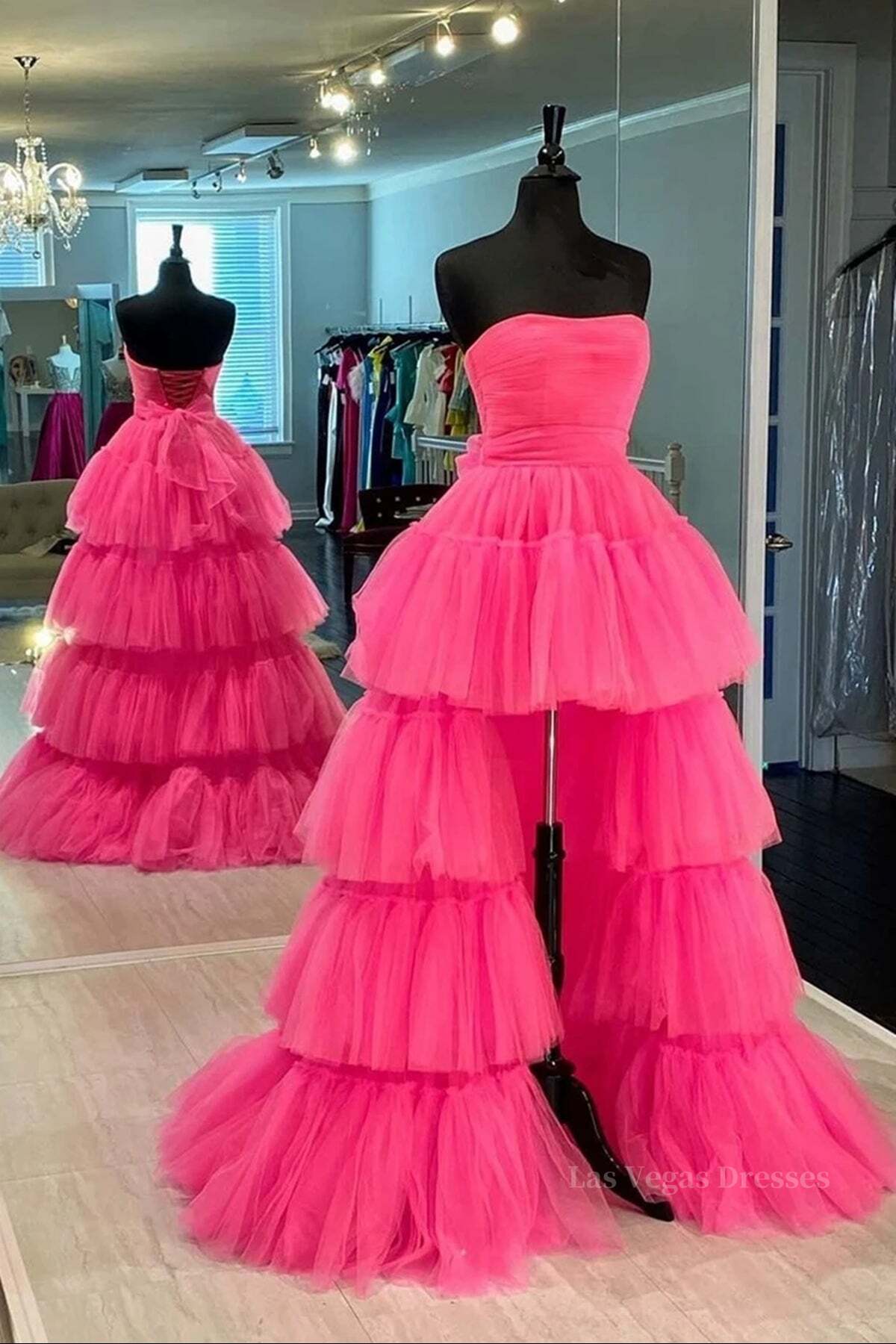 Strapless Hot Pink High Low Prom Dresses, Hot Pink High Low Formal Homecoming Dresses