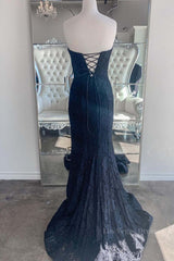 Strapless Mermaid Dark Blue Lace Long Prom Dresses, Mermaid Dark Blue Lace Formal Dresses, Dark Blue Lace Evening Dresses
