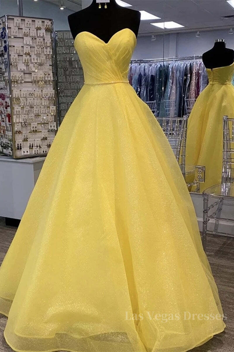 Strapless Open Back Sequins Yellow Prom Dress, Shiny Yellow Formal Graduation Evening Dress