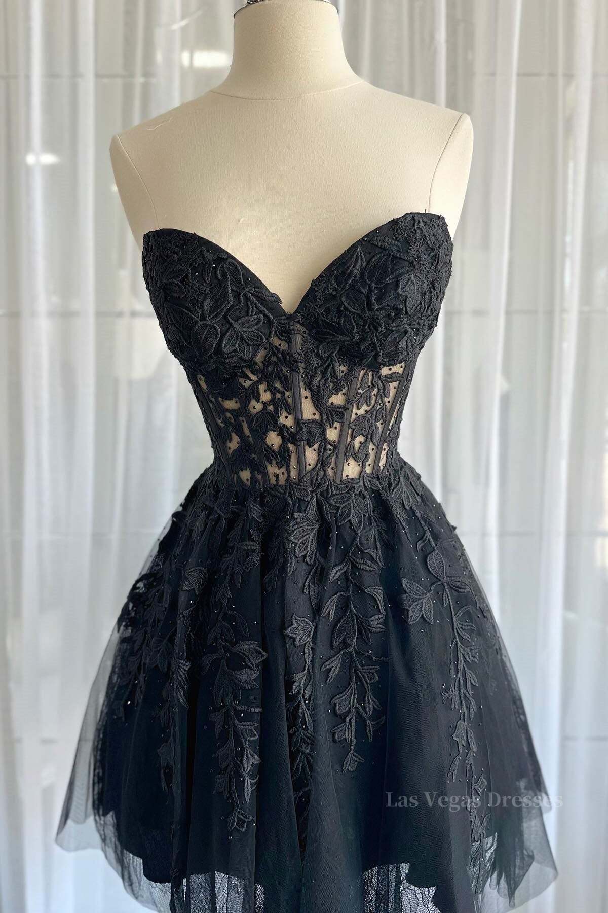 Strapless Short Black Lace Prom Dresses, Short Black Lace Formal Homecoming Dresses