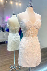 Strapless Short White Lace Prom Dresses, Short White Lace Formal Homecoming Dresses