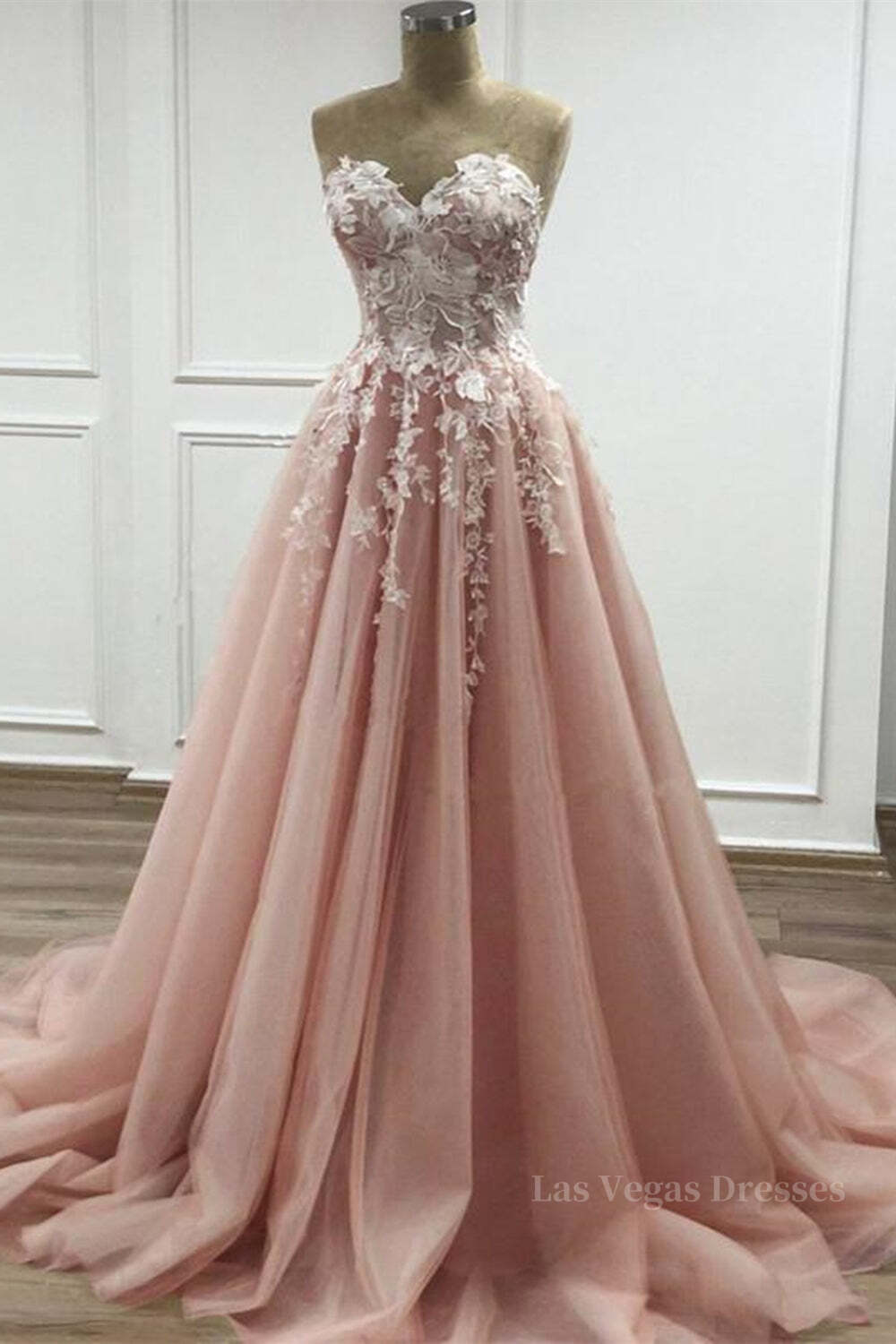 Strapless Sweetheart Neck Pink Lace Appliques Long Prom Dress, Pink Lace Floral Formal Dress, Pink Evening Dress