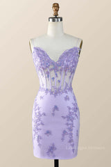 Strapless V Neck Lavender Embroidered Bodycon Mini Dress