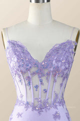 Strapless V Neck Lavender Embroidered Bodycon Mini Dress