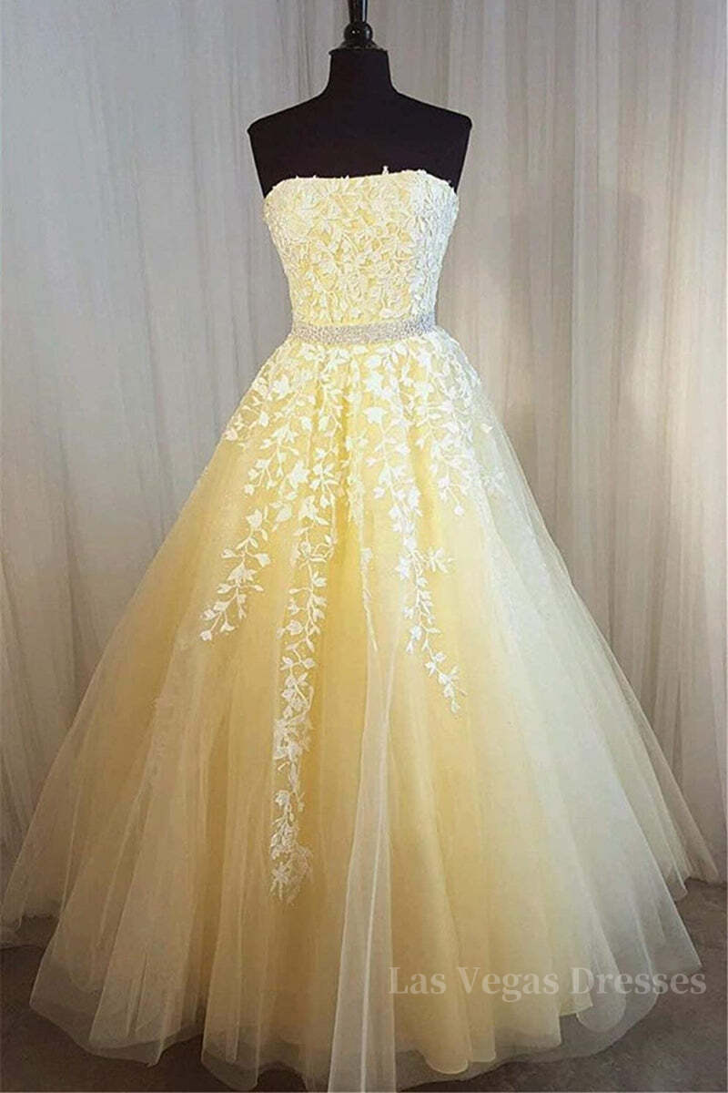 Strapless Yellow Lace Long Prom Dress, Yellow Lace Formal Graduation Evening Dress, Yellow Ball Gown