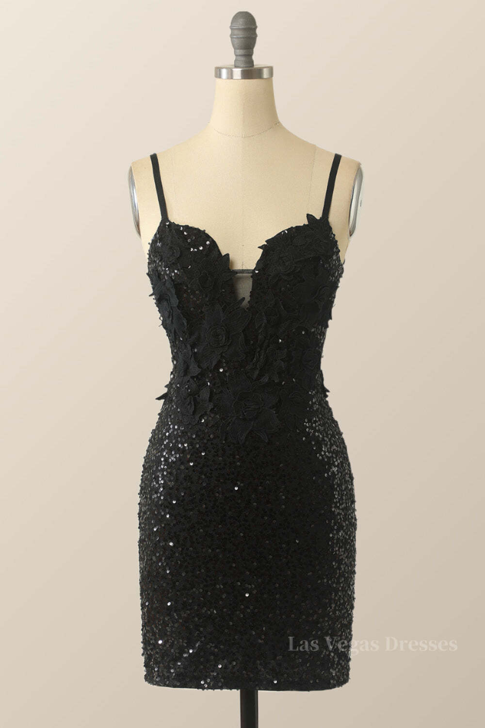 Straps Black Sequin Floral Embroidered Bodycon Mini Dress