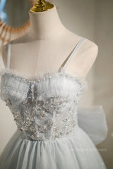 Straps Grey Tulle Beaded Short Homecoming Dress