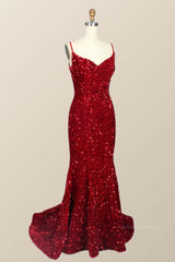 Straps Red Sequin Mermaid Long Party Dress