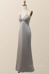 Straps V Neck Grey Boho Long Bridesmaid Dress