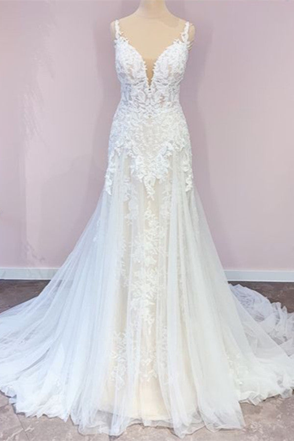 Stunning Long A-Line Tulle Sweetheart Appliques Lace Wedding Dress