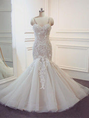 Stunning Long Mermaid Spaghetti Strap Lace Wedding Dresses