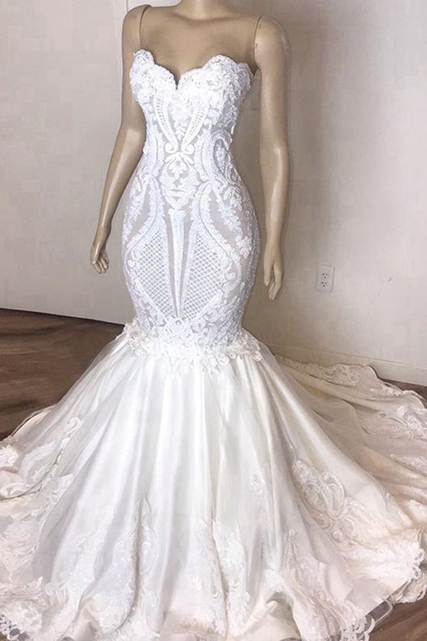 Stunning Strapless Mermaid White Beach Wedding Dress Modern Low Back Bridal Gowns on Sale