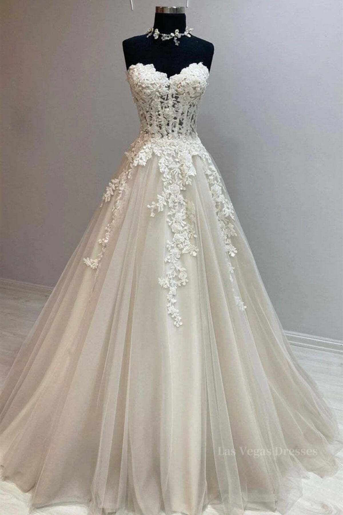 Sweetheart Neck Champagne Tulle Lace Long Prom Dresses, Strapless Champagne Formal Dresses, Champagne Lace Evening Dresses