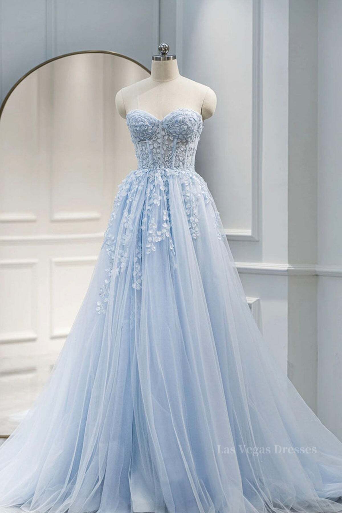 Sweetheart Neck Light Blue Lace Tulle Long Prom Dress, Light Blue Lace Formal Graduation Evening Dress