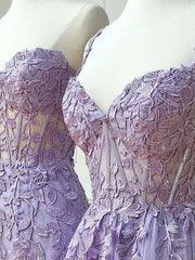 Sweetheart Neck Purple Lace Long Prom Dress, Strapless Purple Formal Dress, Mermaid Purple Evening Dress