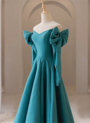 Teal Blue Long Sleeves with Bow A-line Sweetheart Prom Dress, Teal Blue Evening Dress