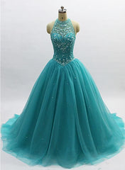 Teal Blue Tulle Beaded Ball Gown High Neckline Sweet 16 Dress, Blue Quinceanera Dresses
