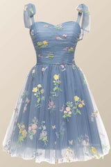 Tie Shoulders Blue Floral A-line Short Dress