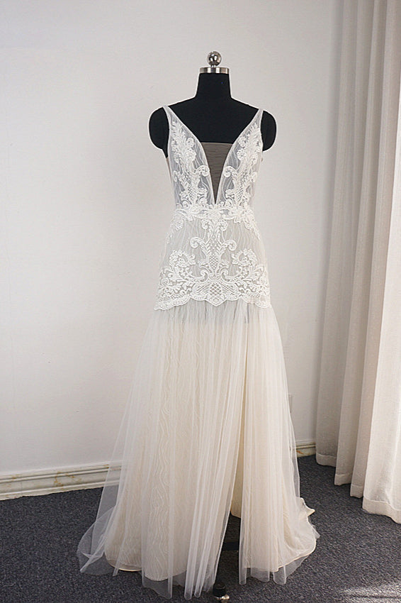 Trendy Ivory Sleeveless Lace Tulle High split A line Wedding Dress