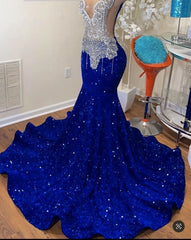Trendy Prom Dresses Long Sequin,Royal Blue Designer Evening Gowns with Crystals Diamond