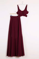 Two Pieces Burgundy Long Prom Dresses, Dark Wine Red 2 Pieces Long Formal Bridesmaid Dresses