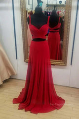 Two Pieces Red Long Prom Dresses, 2 Pieces Red Long Formal Evening Dresses
