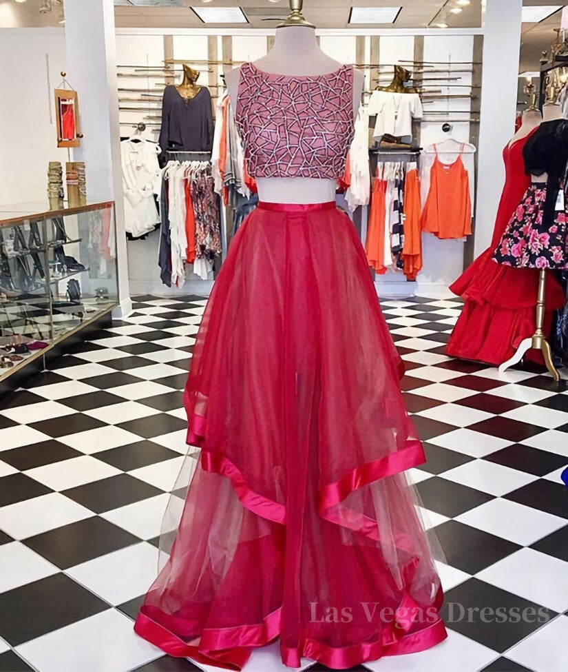 Two Pieces Sequin Round Neck Tulle Long Red Prom Dresses, Red Evening Dresses