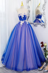 Unique Blue and Pink Formal Gown with Lace, Sweetheart Blue Floor Length Prom Dress