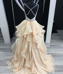 Unique champagne tulle sequin long prom dress, champagne evening dress