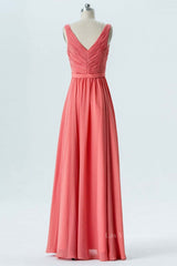 V Neck and V Back High Low Coral Chiffon Long Prom Dresses, Long Coral Formal Evening Bridesmaid Dresses with Slit