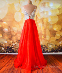 V Neck And V Back Sequins Chiffon Red Prom Dresses, Long Red Formal Dresses, Evening Dresses
