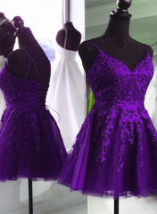 V Neck Beaded Purple Lace Prom Dress, Purple Lace Homecoming Dress Short Party Dress