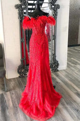 V Neck Mermaid Off Shoulder Red Lace Long Prom Dress, Mermaid Red Formal Dress, Red Lace Evening Dress