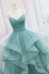 V Neck Open Back Fluffy Green Tulle Long Prom Dresses, Green Formal Evening Dresses, Ball Gown