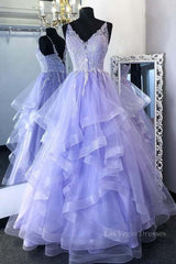 V Neck Open Back Purple Lace Long Prom Dresses, Purple Lace Formal Evening Dresses, Purple Ball Gown