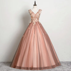 V-neckline Tulle Ball Gown Pink Sweet 16 Dresses, Ball Gown Lace Applique Quinceanera Dress
