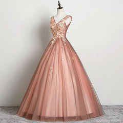 V-neckline Tulle Ball Gown Pink Sweet 16 Dresses, Ball Gown Lace Applique Quinceanera Dress