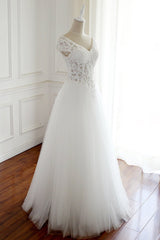 White Lace Cap Sleeves Tulle Floor Length Party Dress, A-line White Wedding Dresses