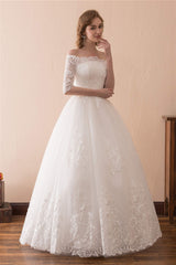 White Lace Long Sleeves Off Shoulder Strapless A Line Floor Length Wedding Dresses