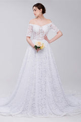 White Lace Off The Shoulder Short Sleeve Corset Wedding Dresses