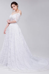 White Lace Off The Shoulder Short Sleeve Corset Wedding Dresses