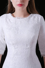White Lace Sleeves Button Back Mermaid Wedding Dresses